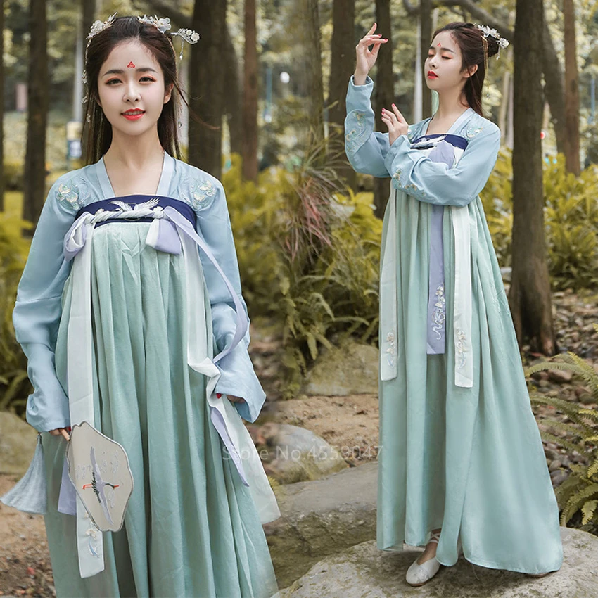 

Traditional Chinese Ancient Folk Dance Women Hanfu Crane Embroidery Girl Stage Performance Elegant Oriental Tang Dynasty Dress