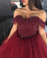 2020 burgundy tulle prom dresses ball gowns off the shoulder with tassel heavy beading bridal dress evening gowns robe de soriee