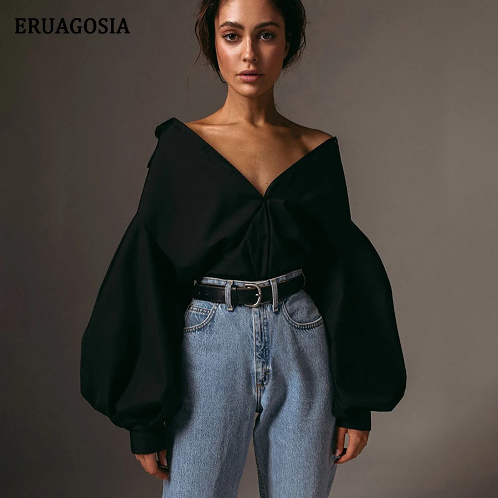 

ERUAGOSIA Lantern Sleeve Sexy Blouse Women Shirts Elegant Vintage Blusas Ladies Office Casual Shirt Female Tops and Blouses