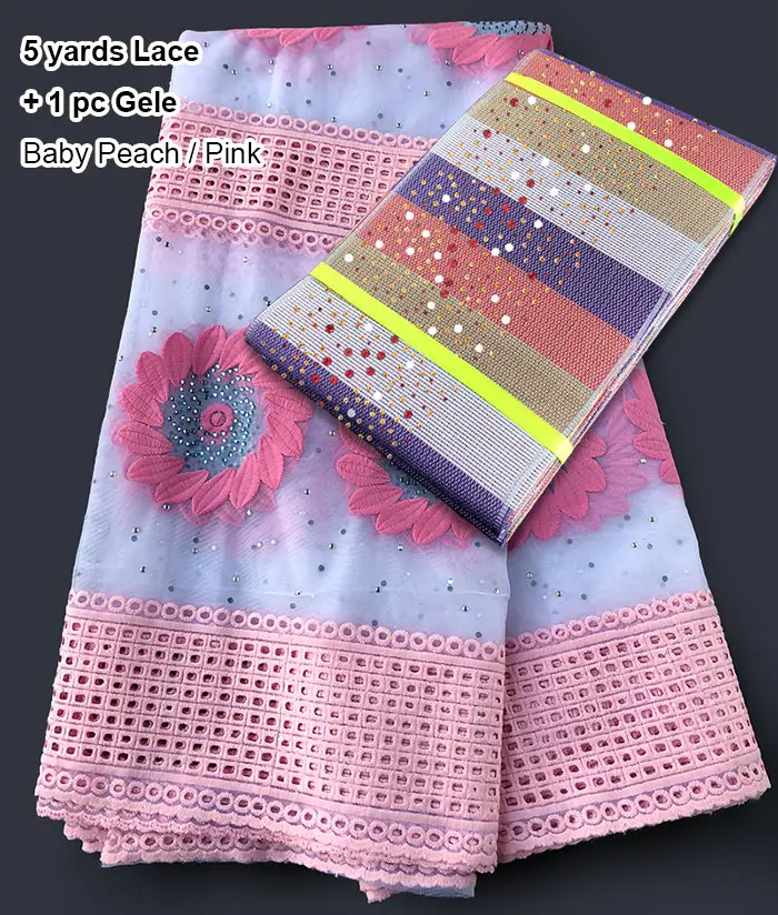 Peach Pink 5 ярдов африканская французская кружевная Красивая тюль ткань соответствующие камни ASO OKE головной убор полная длина головной убор головная повязка - Цвет: Peach Pink