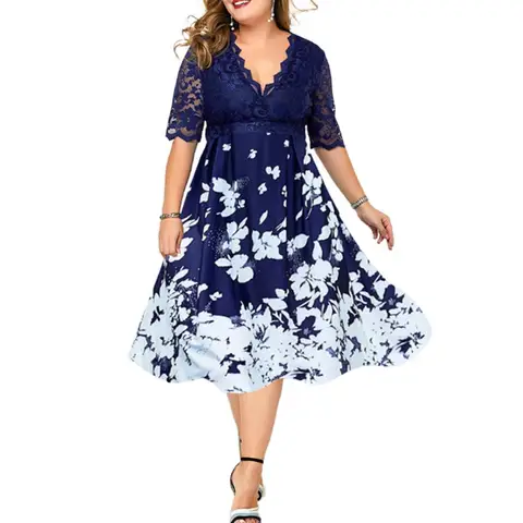 Women's Clothing Summer Dress Evening Party Dresses 2021Fashion Patchwork Flower Elegant Casual Dress Blue Lace V Neck Plus Size