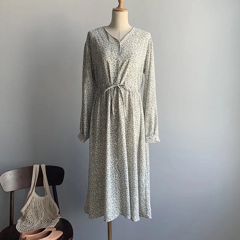 

2021 Harajuku Spring Woman Dress Floral Print Long Dress Women Casual V-Neck Chiffon Dress A-line Lace-up Dress Vestidos Femme