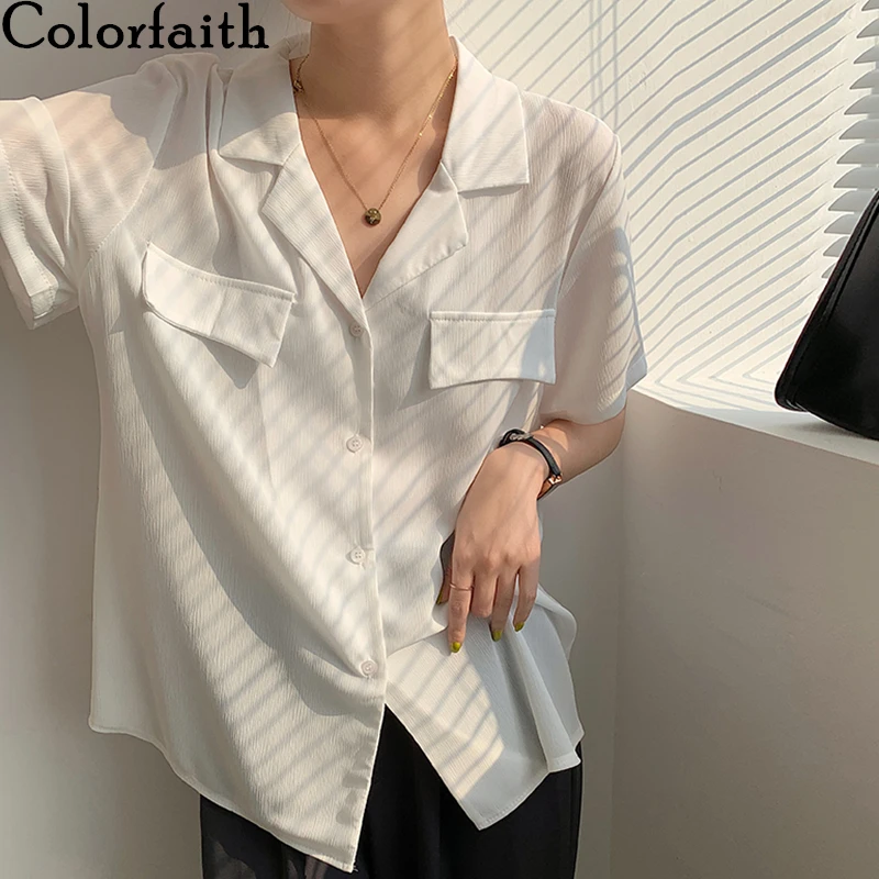 

Colorfaith New 2021 Women Summer Blouses Shirts Buttons Chic Vintage Oversized Korean Office Fashionable Lady Wild Tops BL25003