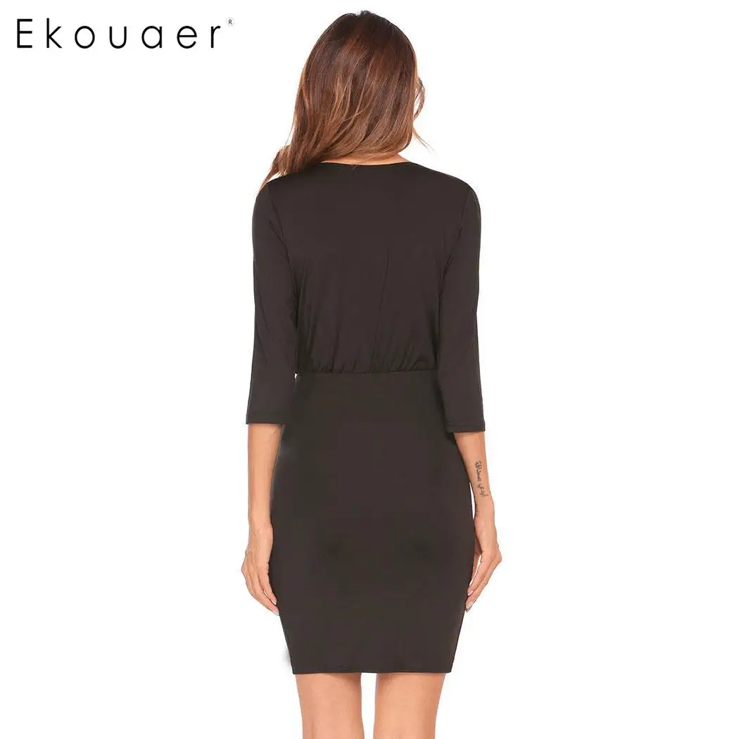 Ekouaer женские Сексуальные облегающие платья Clubewear искусственная обертка v-образный вырез 3/4 рукав Ruched боковая многослойная Повседневная мини-платье