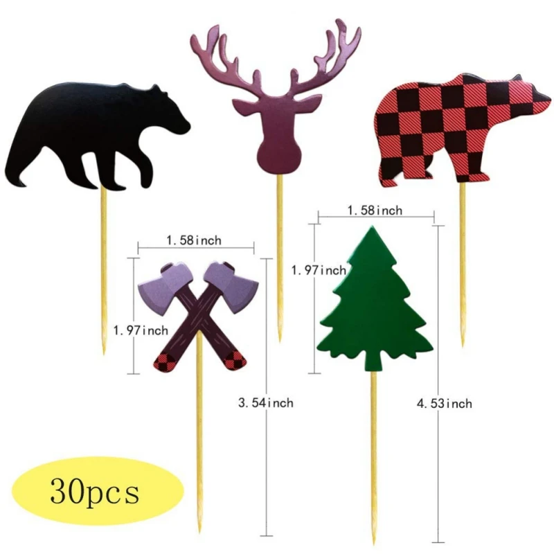 Топперы для кексов Buffalo Plaid Baby Bear Tree Топпер для кексов для костра Дровосек вечерние принадлежности для украшения торта на день рождения