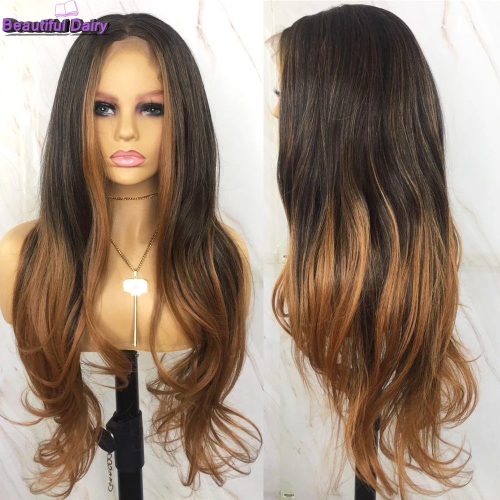 Beautiful Diary Ombre Color Lace Front Synthetic Hair Wigs For Black Women Long Wavy 13X4 Lace Front Wig Free Middle Part