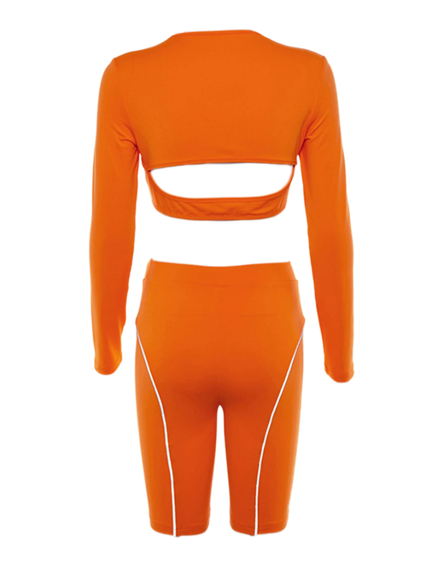 

Reflective Yoga Women Buckle 2 Pieces Set Hollow Out Long Sleeve T-shirt Crop Tops High Waist Shorts Fitness Sport Biker Shorts