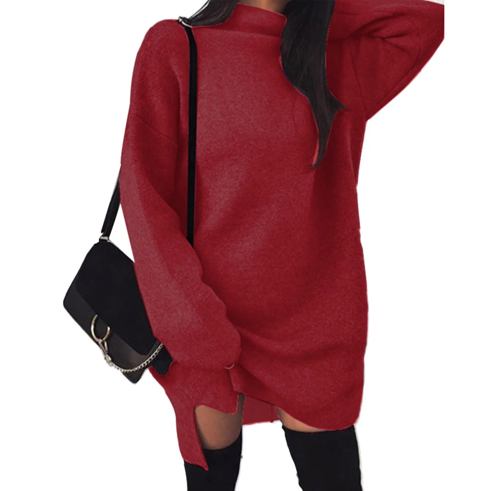 Winter Women Solid Color Loose Turtleneck Long Sleeve Warm Knitted Sweater Dress high neck loose knit split dress sweater | Женская