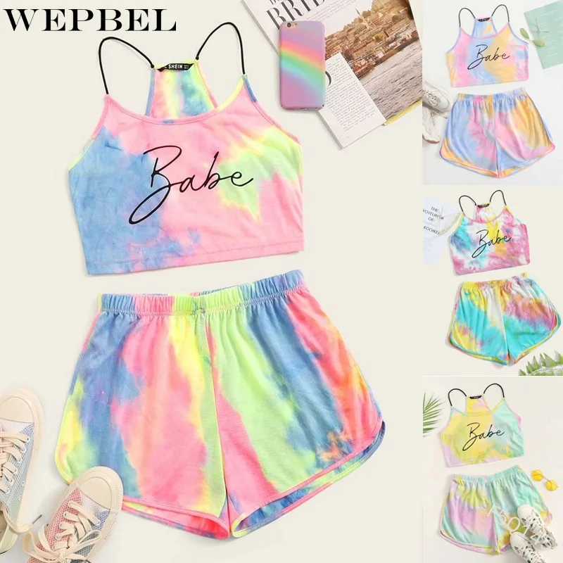 

WEPBEL для женщин Модный комплект из двух предметов с принтом в виде букв детка рисунок «вареный» укороченный топ на бретельках и шорты Компле...