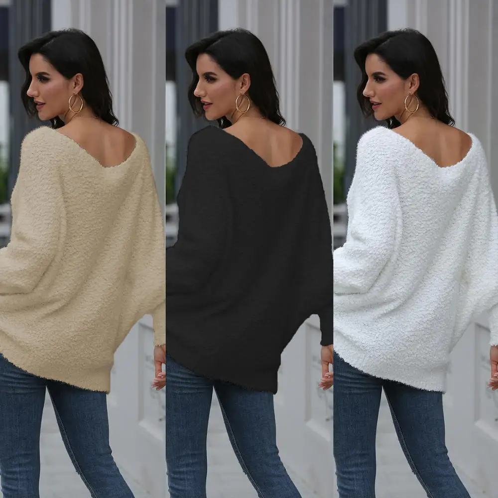 

Sweater Women Sexy Off shoulder Batwing Sleeve Pullovers Oversize Sweaters Casual Loose Solid Long Sleeve Knitted Sweater