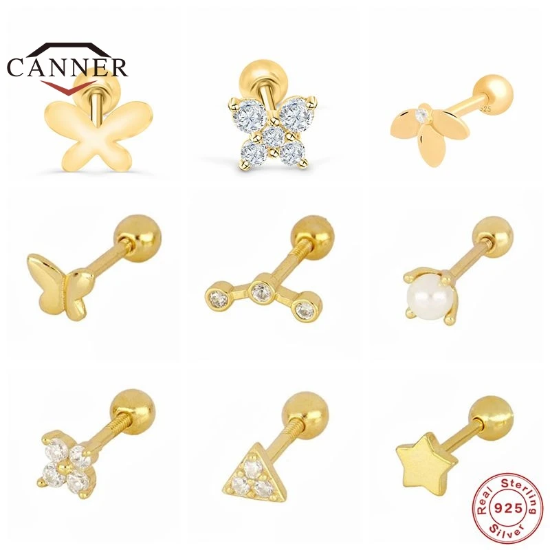 CANNER-Pendiente de plata fina 925 con circón para mujer, mini piercing tipo botón con circonita, 1