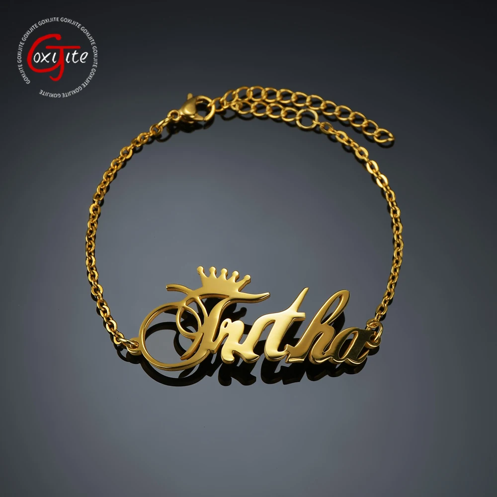 

Goxijite Custom Name Bracelet For Women Kids Stainless Steel Personalized Crown Cursive Font Nameplate Bracelets Memorial Gift