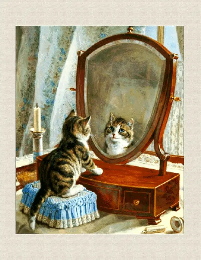 

The cat looking in the mirror 61-74 Cross Stitch Kit Packages Counted Cross-Stitching Kits Cross stich Painting Set