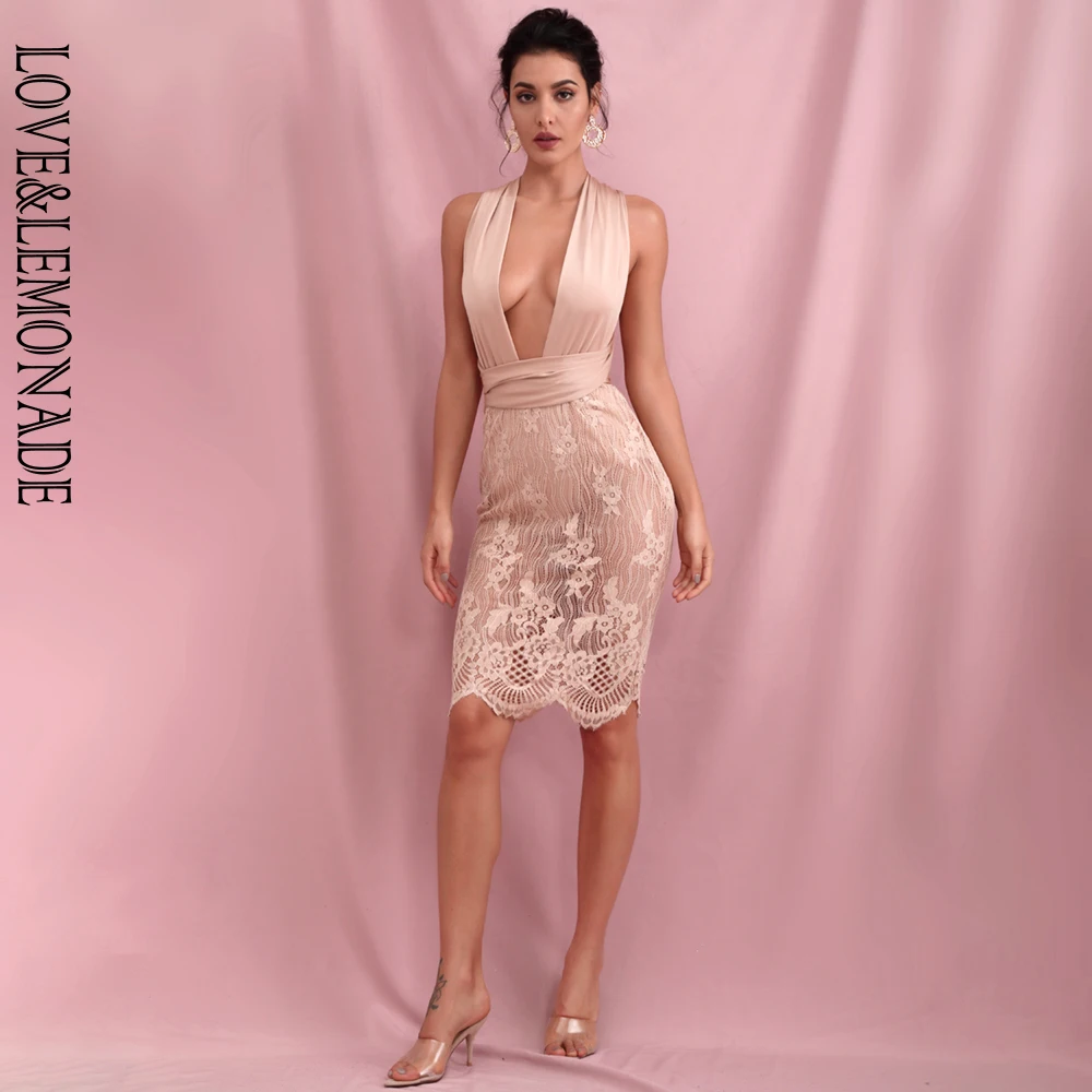 Сексуальное мини-платье LOVE &amp LEMONADE розовое золото с глубоким треугольным вырезом