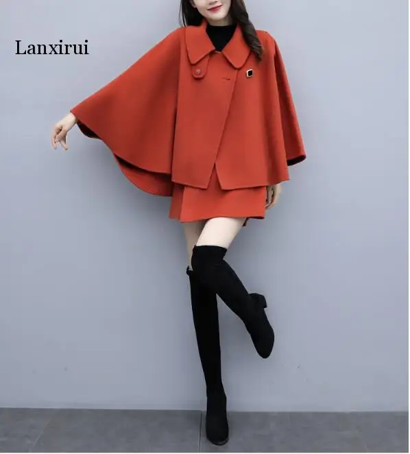 2 Piece Set Women Poncho Coat Turndown Collar Double Breasted Contrast Belt Woolen Cape with pants lanxirui |