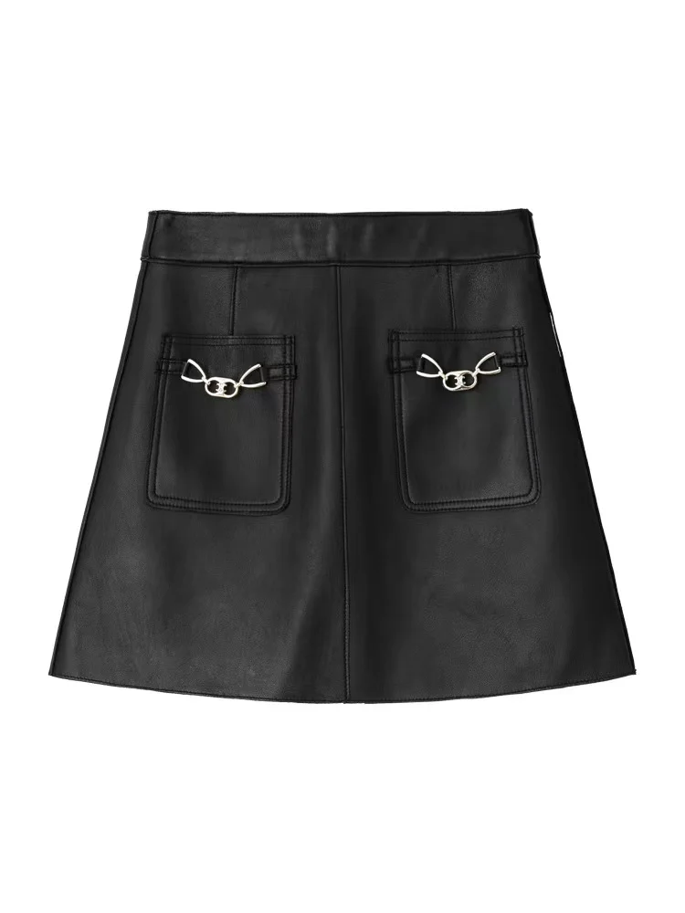 

Sheep leather skirt female autumn and winter new fashion Joker high waist slim simple leather a-line skirt Korean version.