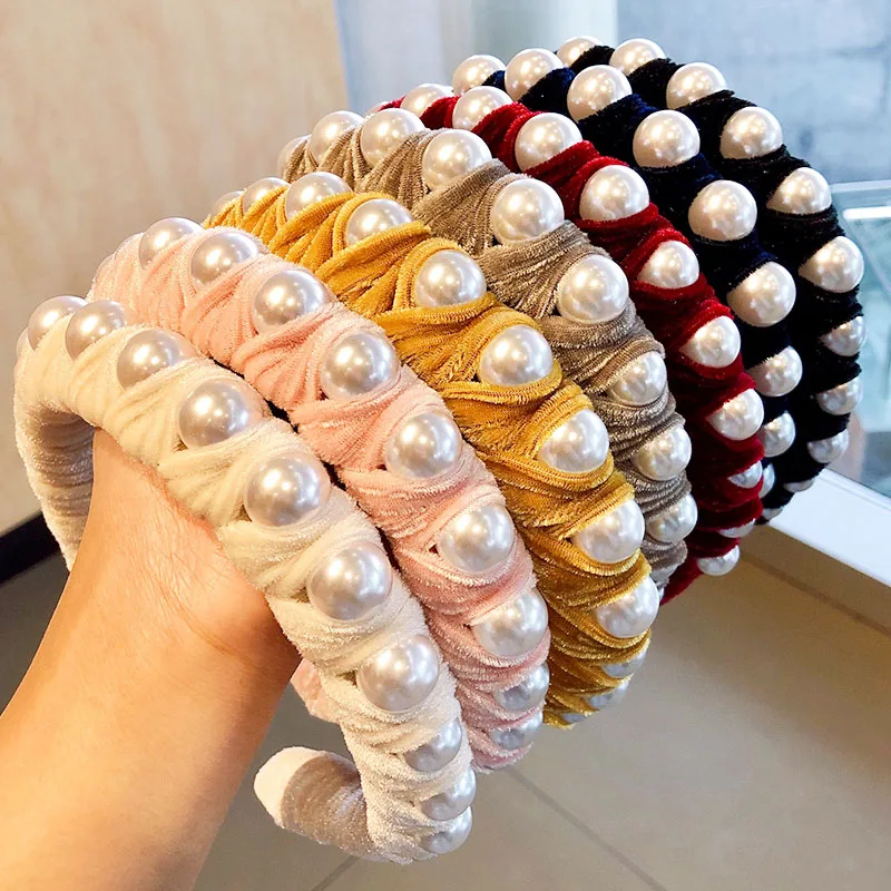 Женская бархатная широкая повязка на голову элегантная бутиковая с жемчужинами