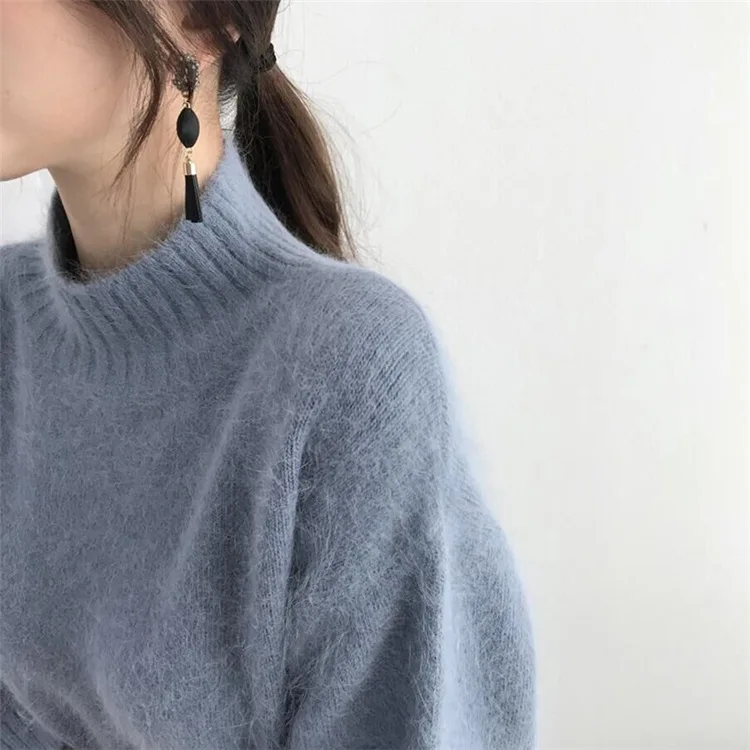 

Sweater Warm Pullover Lazy Knitted Cashmere Sweater Women White Turtleneck soft Mohair Sweater Women Loose Outer Autumn Winter
