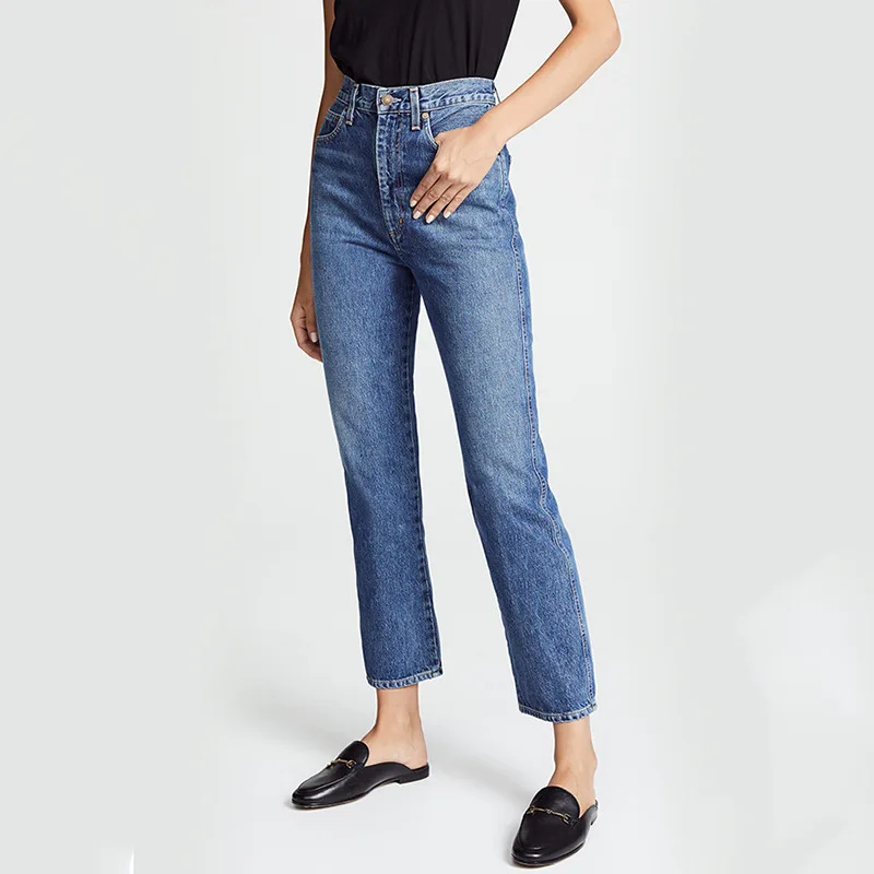 Женские джинсы скандинавские потертые синие с высокой талией | Женская одежда