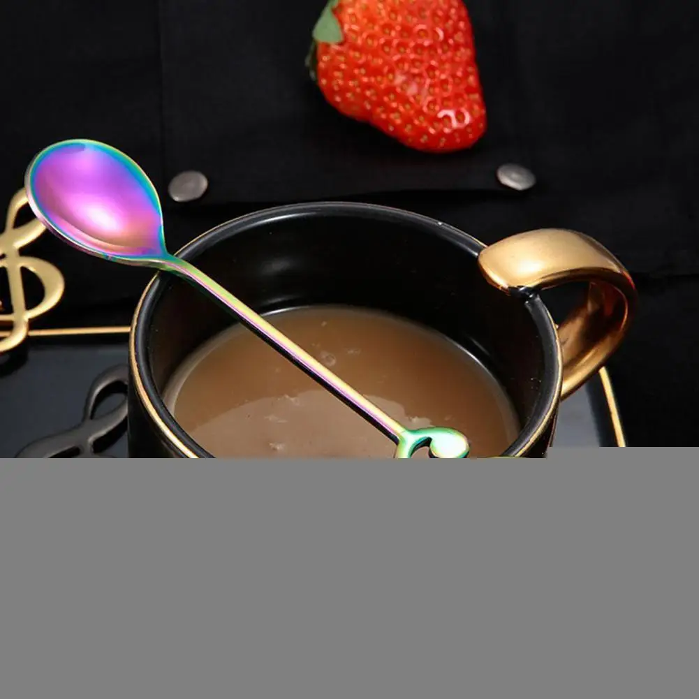 

Creative Colorful Musical Notes Steel Tableware Dessert Milk Head Tea Mixing Coffee Round Spoon U8E7