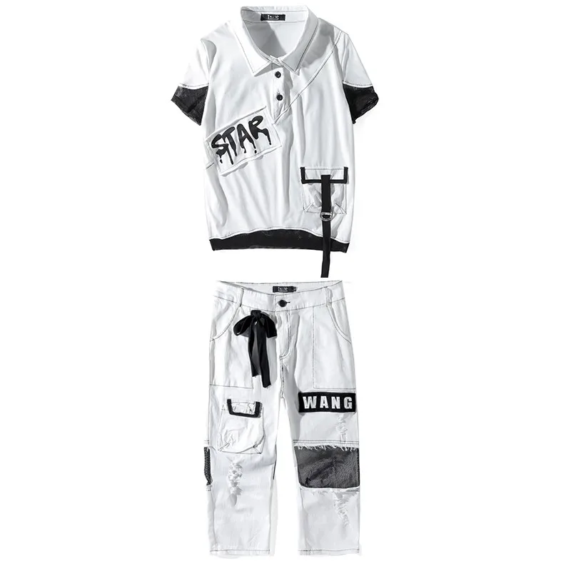 

High Street Women Patchwork Short Sleeve Top Two Piece Set Slim Fit Casual Tracksuit Mid Calf Harem Pants Matching Sets Outfits