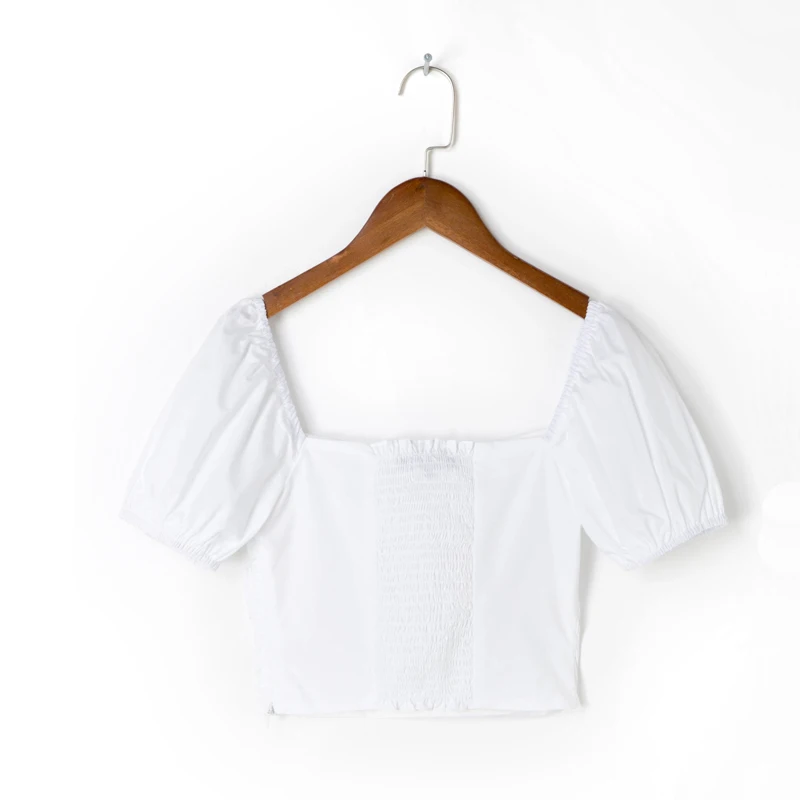 

Summer women's casual solid color square collar short-sleeved pleated slim-fit shirt