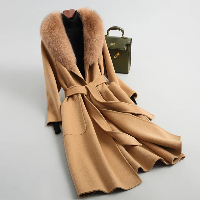 

New 100% Wool Coat Women Natural Fox Fur Collar Long Slim Woolen Coats With Belt Autumn Winter Female Jacket 2020