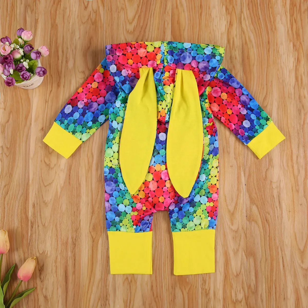 

Pudcoco 2020 Autumn Infant Baby Girls Colorful Print Rabbit Ears Hooded Romper Zipper Long Sleeve Newborn Toddler Jumpsuit