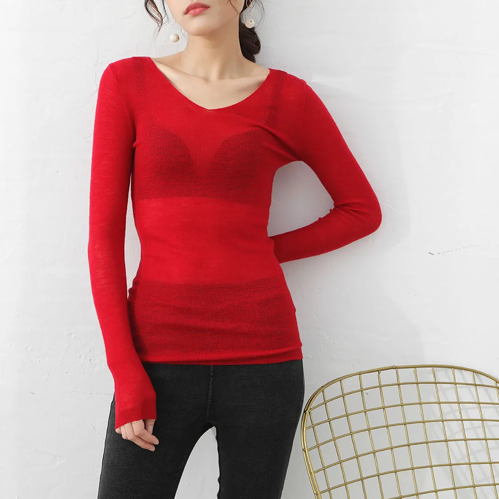 

100% Solid Wool 2021 Women's V Neck See-through Inner Pullover Cardigan