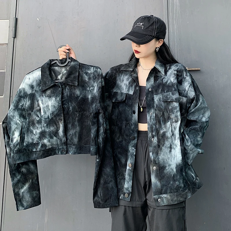 

Уличные Женские куртки в стиле Харадзюку Tie-Dye, весна-осень, винтажное свободное повседневное женское пальто в стиле бойфренд, модная трендо...