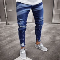 ripped jeans men slim knee hole print stretch skinny distressed jeans hombre fashion ankle zipper denim pencil pants streetwear