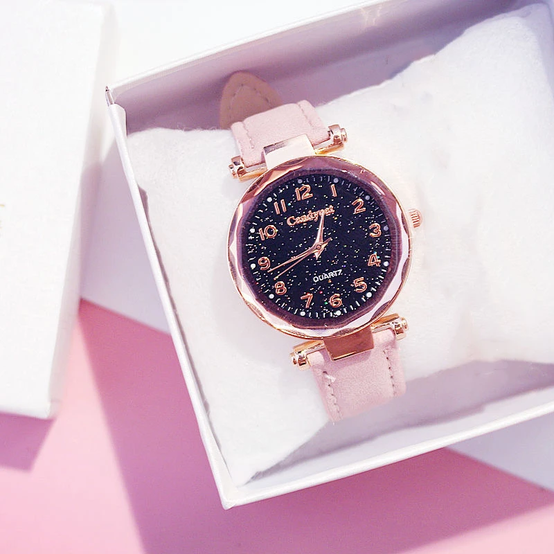 Pink Color Модный Звездный браслет с изображением неба, часы, повседневные женские часы, браслеты, набор кожаных аналоговых кварцевых наручных часов, часы для женщин - Цвет: Pink Color