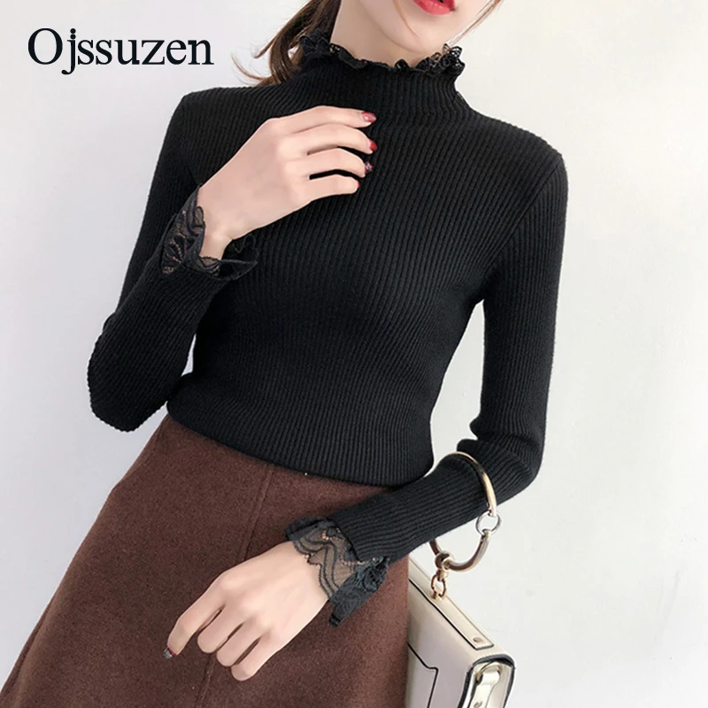 Knitted Women Sweater Female Pullovers Winter Basic Ladies Sweaters Lace Patchwork Neck Slim Black Yellow Pullover Clothing | Женская