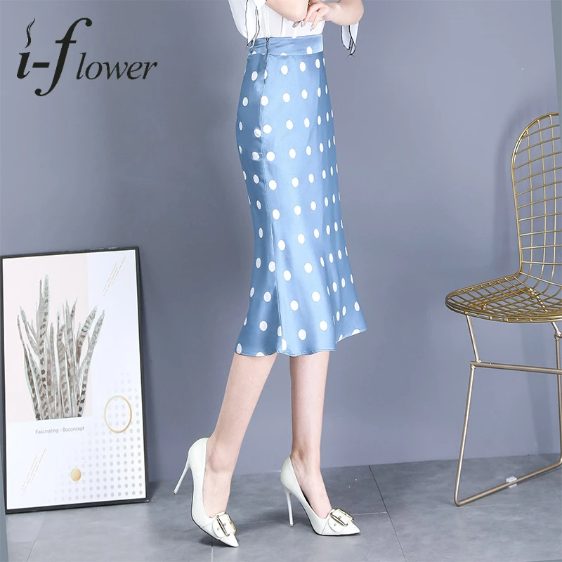 

Elegant Fashion Summer Long Skirt Elastic High-Waist Office Lady Acetate Satin Dot Print Skirts Womans Trumpet / Memaid Skirt