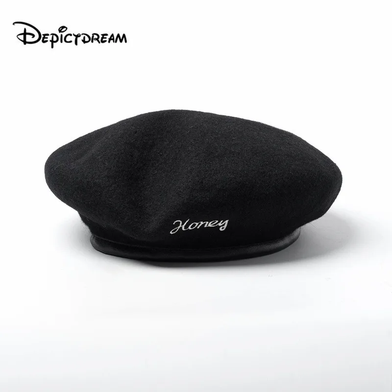 

New style wool Vintage Warm Wool Women Beret PU leather edge letters embroidery French Artist Beanie Hat size 56-58cm