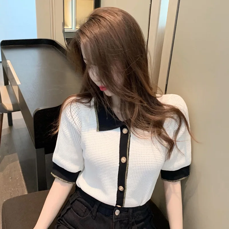 2020 Модные женские летние рубашки поло Вязаные Рубашки с коротким