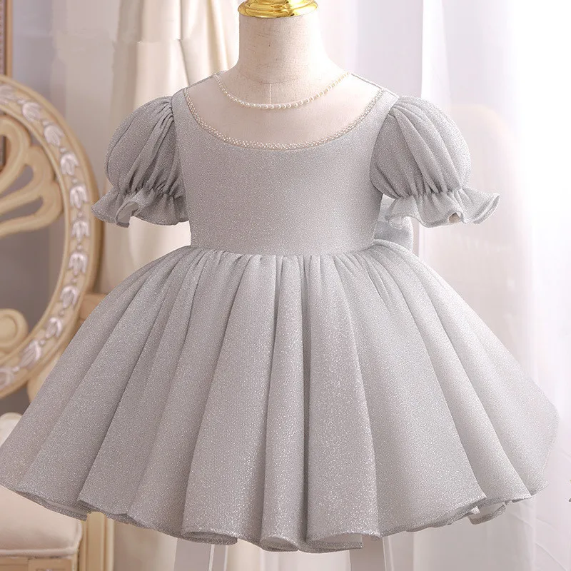 

2022 Summer Shiny Toddler Baby Girl Flower Dress Puff sleeve Infant Princess Dress 1 Year Birthday Party Newborn Baptism Gown