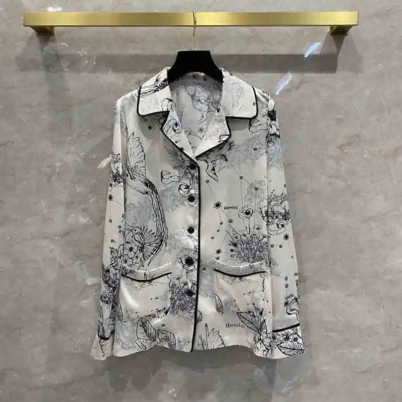 Sets Women's Pajama 2021 Spring Summer Ladies Satin Suit Bird Print Long-sleeved Lapel Shirt Straight Trousers Suit