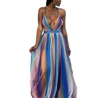 trendy fashion printing v neck chiffon colorful 2021 summer backless maxi dresses for women ladies swing multi color long dress