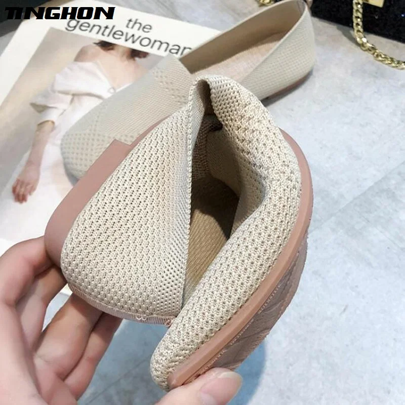 Туфли TINGHON женские на плоской подошве вязаные без застежки квадратный носок