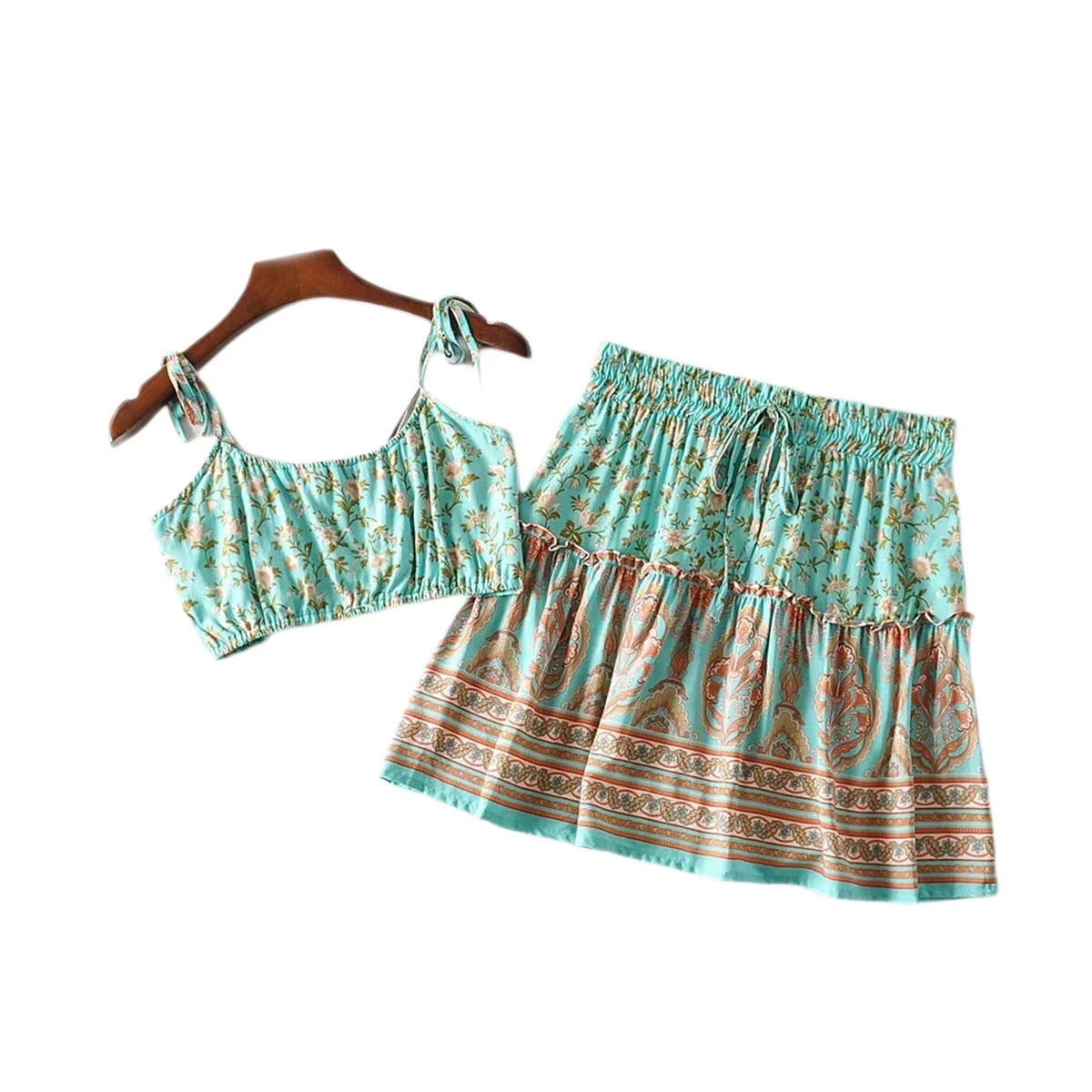 

Floral Printed Sexy Women Clothes Sets Ladies Strappy Crop Tops Pleated Lace Up Waist Skirts Casual Loose Female Holiday Sets