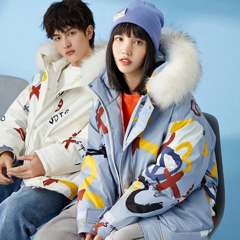 INS Lover Coat Jacke Big Fur Collar White Down Jacket Women 2021 Winter Jackets For Couple Loose Thick Warm Hooded Jacket Female