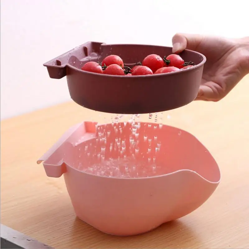 Double Drain Basket Bowl Rice Washing Kitchen Sink Strainer Noodles Vegetables Fruit Gadget Plastic Lazy Artifact | Дом и сад