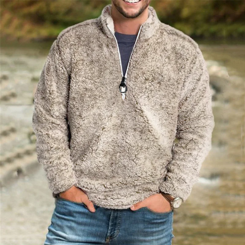 

new men's stand-up collar imitation lamb velvet warm sweatshirts youth loose solid color thickened pullover sweatshirts