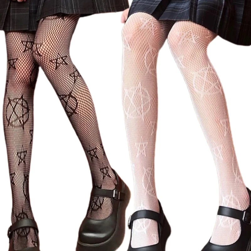 

Women Gothic Punk Tights Harajuku Anime Magical Five-Pointed Star Jacquard Lolita Kawaii Mesh Fishnet Pantyhose Stocking