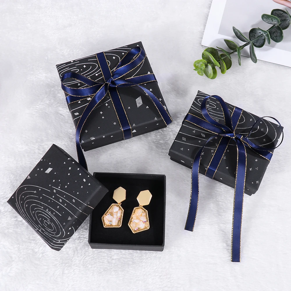 Dreamy Star Hot Silver Gift Box Jewelry Packaging Box Black Gift Bag  Earrings Necklace Bracelet Carton With Blue Gold Ribbon images - 6