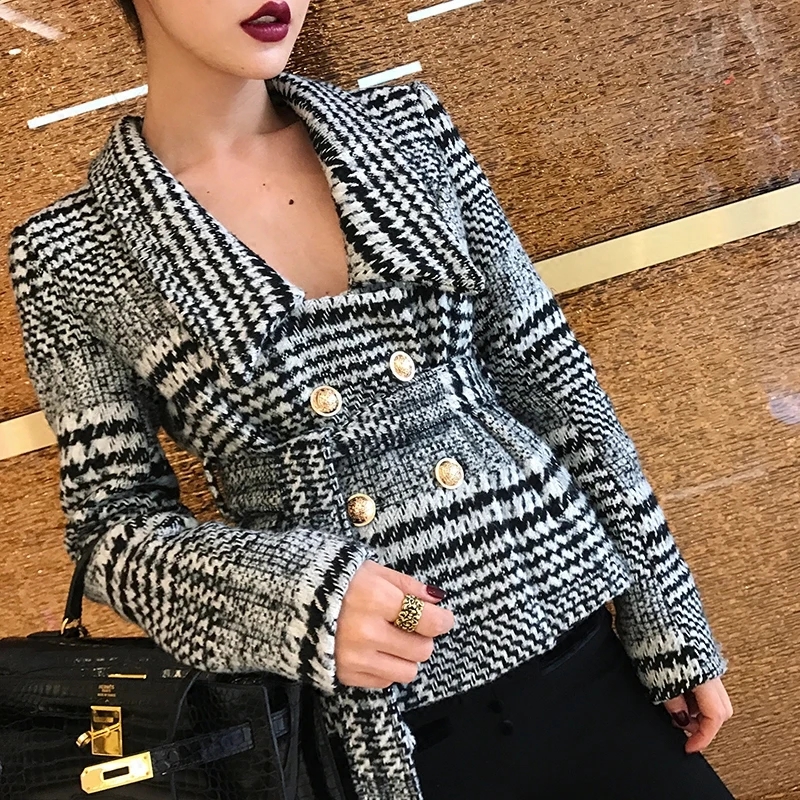 Женский клетчатый твидовый блейзер с отложным воротником двубортный карманами и