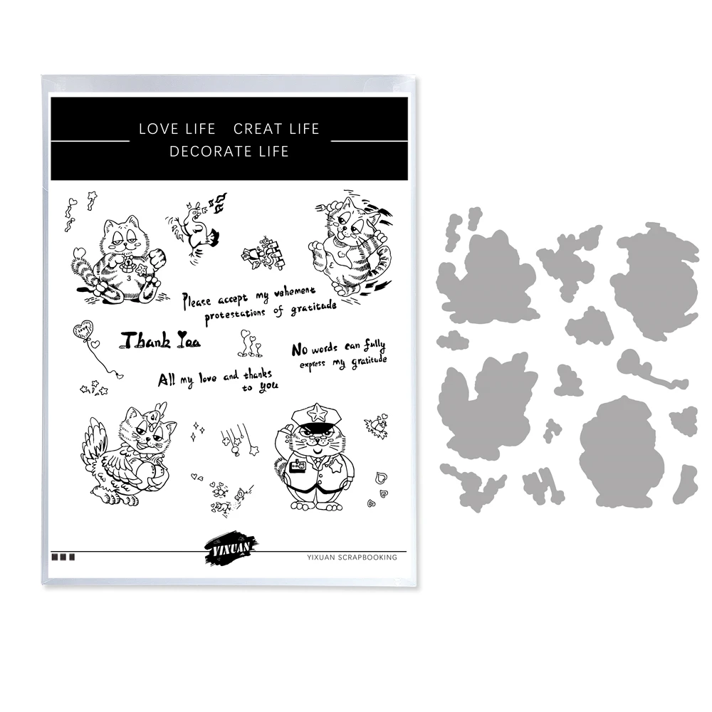 

YIXUAN Thanks Kitty Metal Cutting Dies and Stamps Stencil for Scrapbooking/photo Album stamps Decorative Embossing DIY Cards