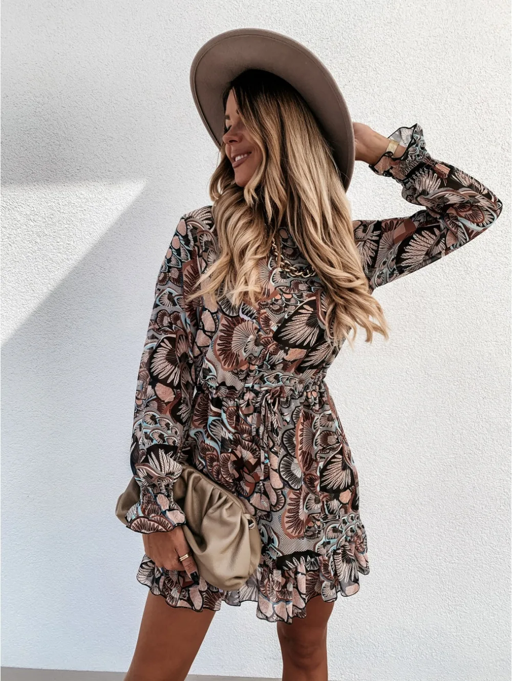 

Autumn Vintage Ruffles Floral Print Dress For Women Winter Casual Long Sleeve A Line Dress Slim Female Boho Mini Party Vestidos