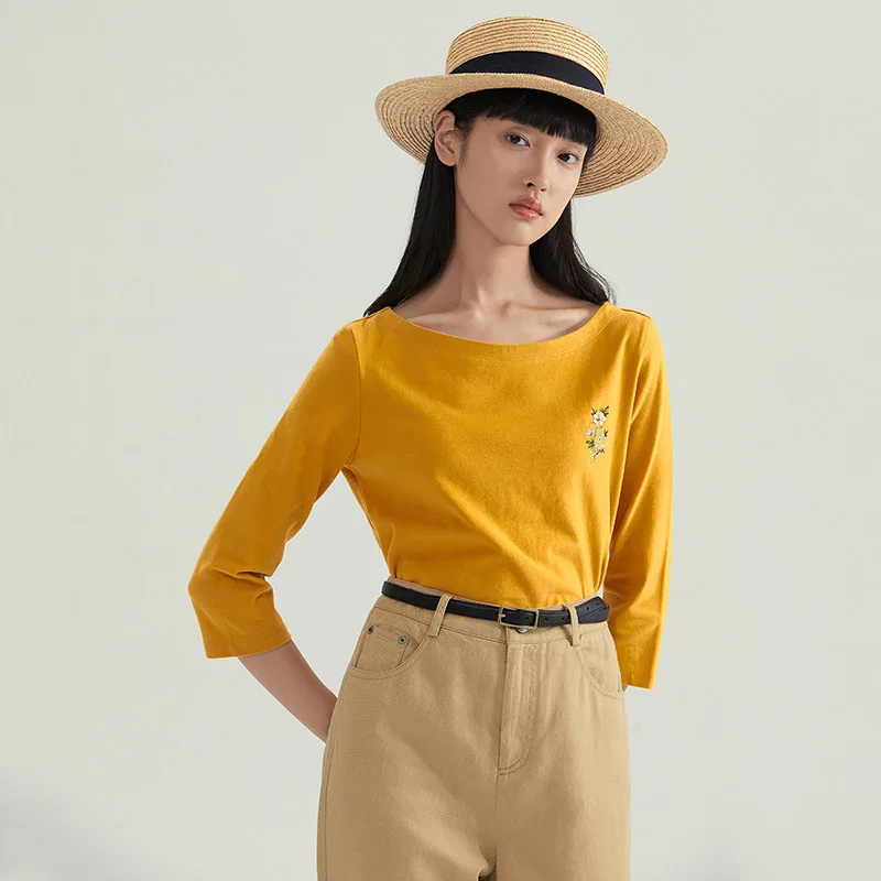 Женская футболка INMAN осенне-Весенняя простая с вышивкой в виде цветов и круглым